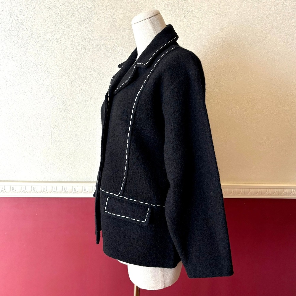 Vintage Lisa International Black Boiled Wool Jacket M Contrast Stitch Monochrome - Picture 3 of 9